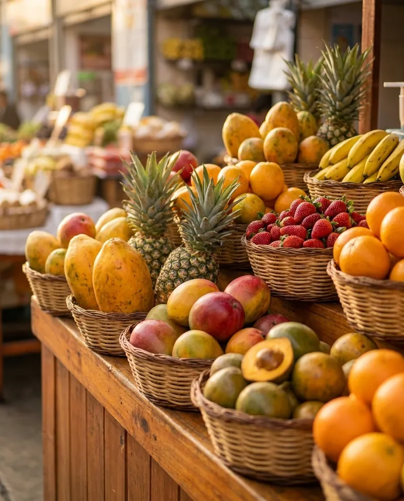 Canastas con papayas, piñas, mangos, fresas, plátanos, naranjas y lúcumas en un puesto de mercado
