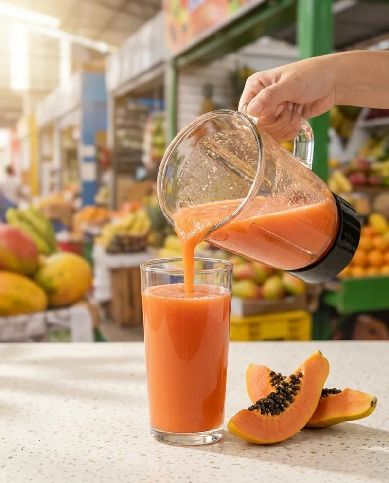 Una mano sirve jugo de papaya recién licuado en un vaso