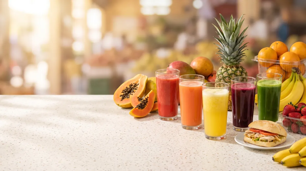 Vasos de jugo de fresa, papaya, piña, arándano y extracto verde sobre el mesón, con fruta fresca y un pan con pollo